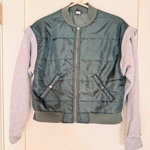 Anthropologie Green Quilted Bomber Jacket with Gray Sleeves